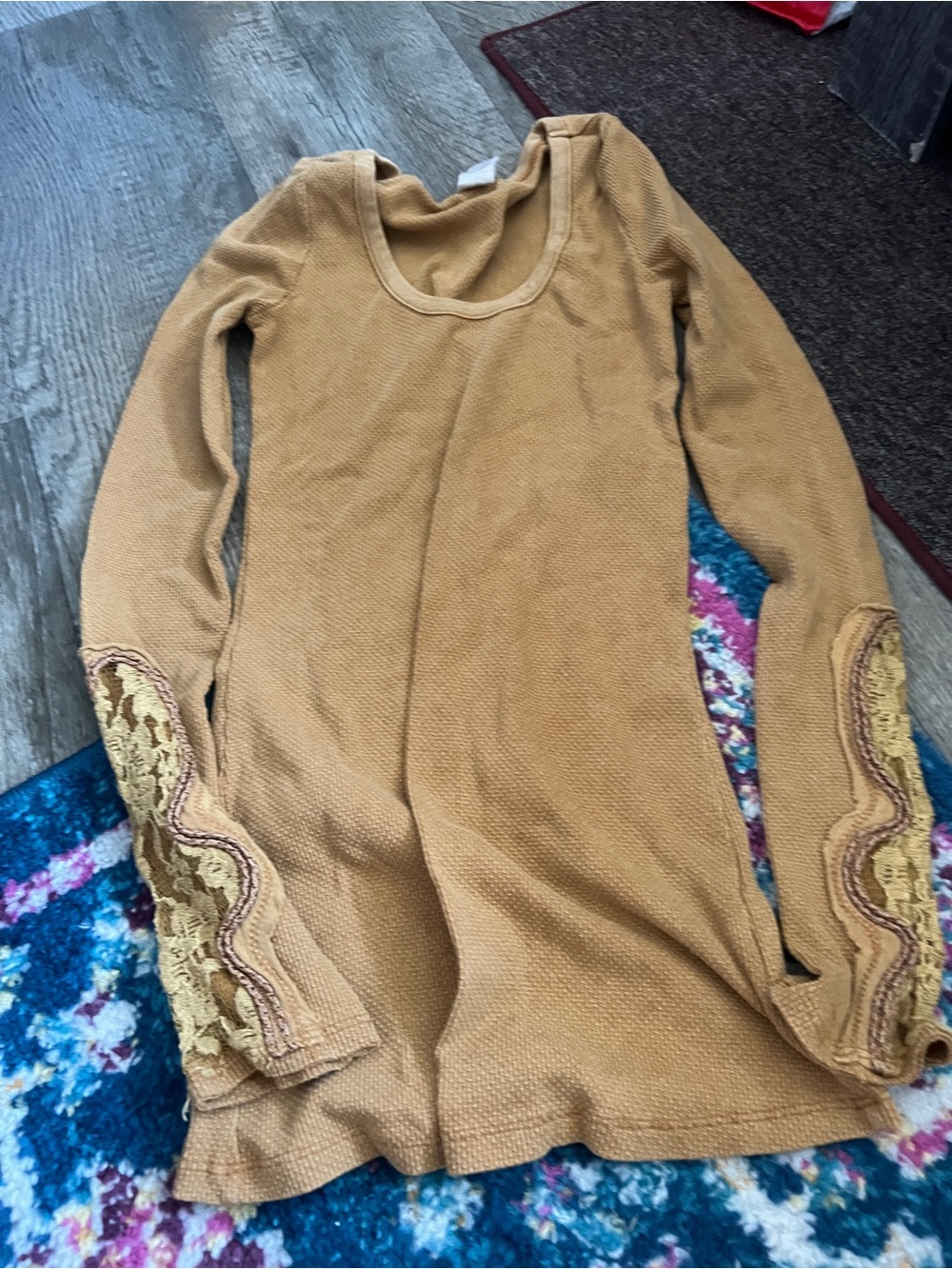 Free people Women’s Mustard Long-Sleeve Scoop Neck Top with Lace Trim